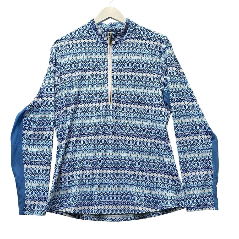 Cabana Life 1/4 Zip Pullover Top Womens XL Blue Paisley Long Sleeve Mesh Golf